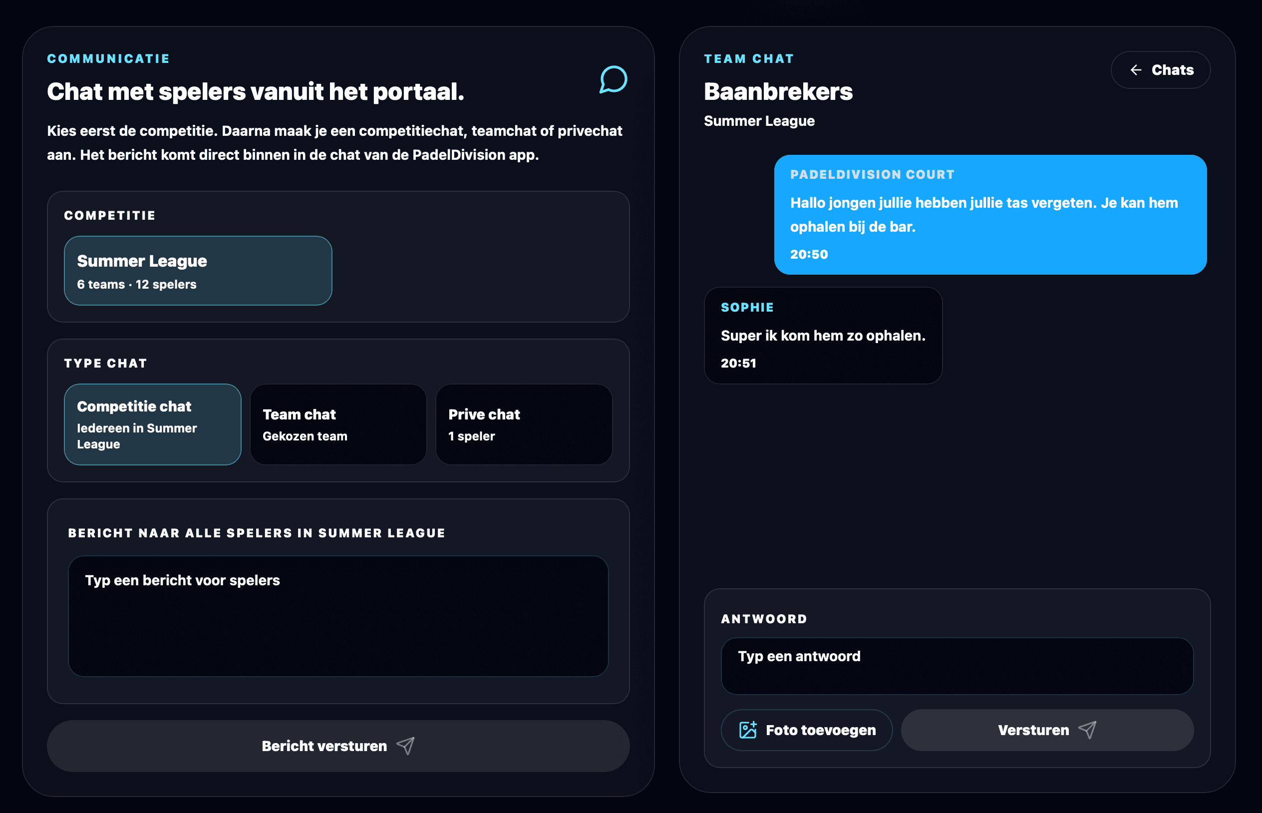 Chat vanuit het ondernemersportaal met een team in de PadelDivision-app