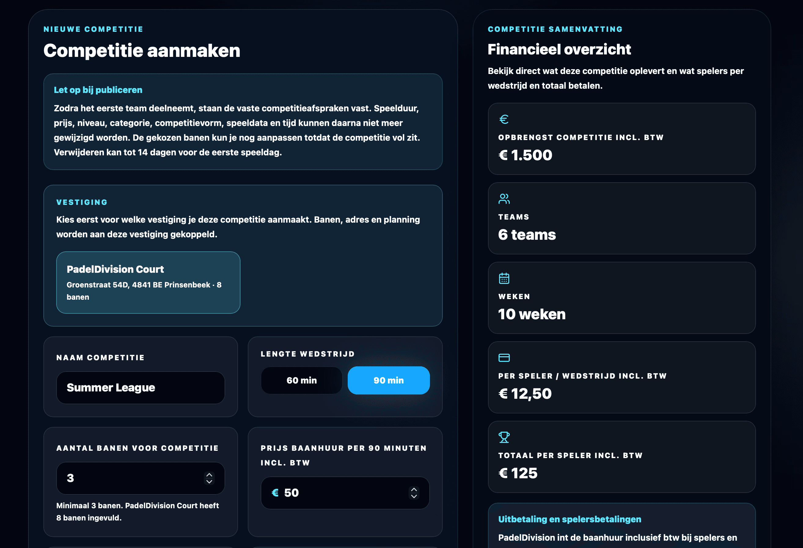 Een nieuwe padelcompetitie aanmaken met direct financieel overzicht